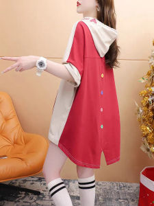 Ultra-Attractive Hooded T-Shirt Womens Thin Medium-Length Pure Cotton Short-Sleeve Large Size Korean Design Top Summer