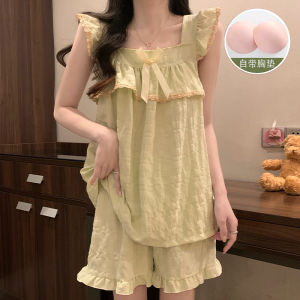 Sweet Style Womens Summer Thin Strap Sleepwear Set with Chest Pad Home Clothes Two-Piece Sleeveless Comfortable Cotton Blend