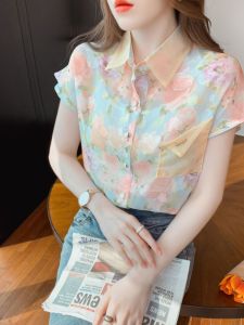 Fashionable Floral Chiffon Shirt for Women Stylish Niche Style Summer Clothes 2024 New Arrival Tops Short Sleeve Elegant Beautiful
