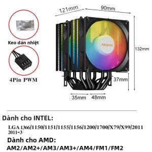 Quạt Tản Nhiệt CPU RGB 6 Ống Dẫn Nhiệt Siêu Yên Tĩnh Dành Cho LGA1700 1200 115X 2011 1366 X79 775 AMD AM4 AM5 - Tản Nhiệt Tháp Với 7 Cánh Quạt