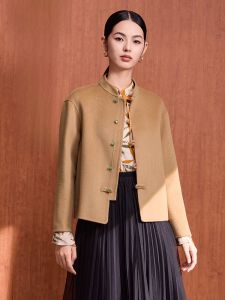 MY TENO | New Chinese Style Short Woolen Coat Warm Outerwear Kaki Color Womens Spring Autumn New Arrival MY TENO Brand Commute Simple