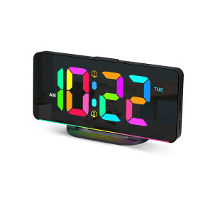 Digital Alarm Clock Desk/Wall Dimmable Electronic Clock with RGB Atmosphere Night Light Rainbow Time USB Charger Week Display