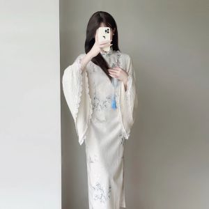 Ting Yue Ling New 2024 Young Style Fleece Lined Elegant Cheongsam Dress Chinese Style Reformed Daily Wear Long Sleeve Midi Dress