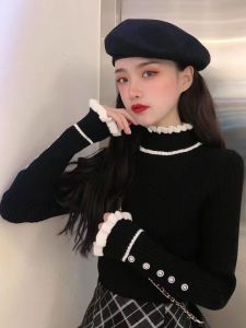 Áo Len Dệt Kim Tay Dài Màu Đen Ngắn Mới Cho Nữ 2025 Áo Lót Mùa Đông Đa Năng Thường Ngày Mềm Mại Thoải Mái