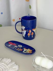 2024500ml 16oz Blue Ceramic Coffee Mug with Lovely Mushroom Printings With Saucer Tray Old Fashioned Dark Blue Tall Coffee Mug Set