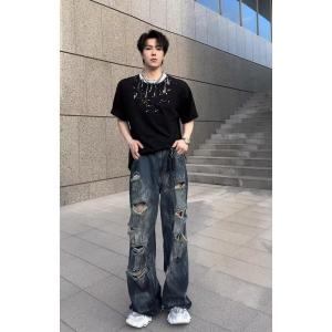 Washed Tie Dye Hole Jeans Men Summer Thin American Retro Wide Leg Pants Wasteland Style Dirty Poor Boys Pants Casual Wear