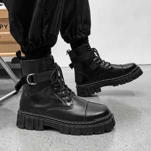 Waterproof Mens Martin Boots Winter High Top Motorcycle Work Boots Black Mid-Calf Leather Boots Warm Fleece Lined Trendy Shoes