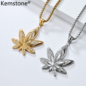 Kemstone Hip Hop Mens Stainless Steel 18K Gold Plated Zircon Maple Leaf Pendant Necklace Jewelry