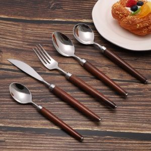 Scandinavian style Rosewood Handle Tableware 5PCS Set Forks Spoon Teaspoon 304 Stainless Steel