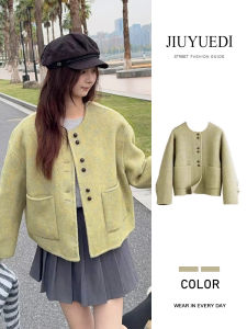 Áo Khoác Len Ngắn Phong Cách Hàn Quốc JIUYUEDI Áo Khoác Thời Trang Mùa Đông Cỡ Nhỏ Áo Khoác Ngoài Cổ Tròn Dài Tay Thường