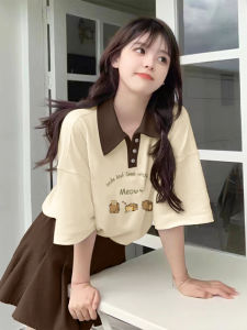 Cherry Blossom Polo Collar Short Sleeve T-Shirt Women Summer 2025 New Regular Fit Cotton Knitted Casual Style Top