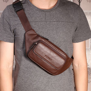 Leather Men Large Capacity Waist Bag Cowhide Crossbody Pouch Mobile Phone Bag Trendy Chest Bag Multi-Functional Athleisure