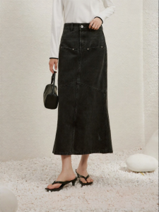 Yigue | Washed Denim Half Skirt Mid to High Waist Long Flounce Skirt