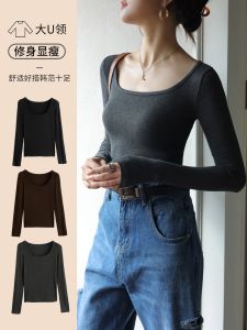 Black Long Sleeve Flocking Thread Base Shirt Womens Inner Wear Outer Wear Autumn Winter Slim Fit Square Collar High End Feeling