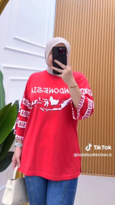 Atasan kaos wanita merah putih / atasan oversize combet 24s / baju wanita motif print sablon