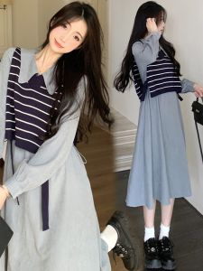 Sweet Knitted Vest Shirt Dress Set Womens Loose Doll Long Skirt Autumn Winter New Style plus Size Korean Style Commute Pure Color