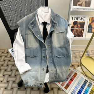 American Ripped Denim Vest Mens Summer Fashion Brand Sleeveless Tank Top Fashion Lapel Cargo Jacket Coat