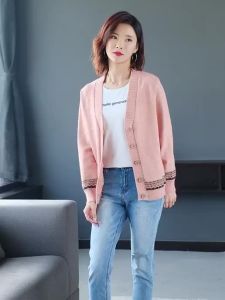 HD Knitted Cardigan Women Plus Size Tops Vintage Sweater Women Long Sleeve Autumn Winter V Neck Clothes Ladies Casual Green Pink