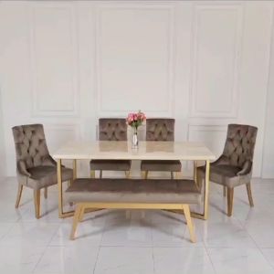 Set Meja Makan Top Marmer Krem Kursi 4 dan Bench 1