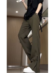 กางเกงขายาวทรงหลวมเอวกลางผ้าไหมน้ำแข็งสีดำ กางเกงขายาวทรงหลวมสำหรับผู้ชาย กางเกงขายาวทรงยาวป้องกันแสงแดด เอวยางยืด