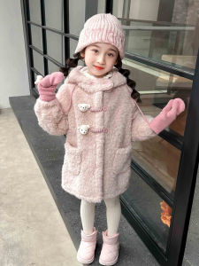 Áo Khoác Lông Gấu Dày Dặn Có Mũ Trùm Đầu Cho Bé Gái Mùa Đông 2024 Áo Khoác Ngoài Dài Vừa Phải Ấm Áp Cho Bé Gái Mới Ra Mắt