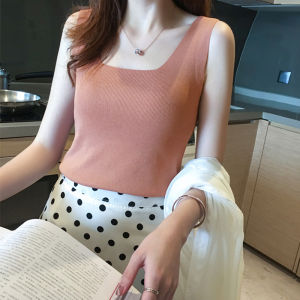 IRENASTORY Womens knitted vest casual style solid color square neck sleeveless t-shirt stretching inner tops
