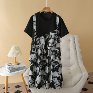 Fat Sister mm Slim Looking Dress Lively Younger Pattern Print Patchwork Fake Two-Piece Skirts Summer Clothing Plus Size Midi Skirt
