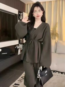 Áo Len Dệt Kim Hai Mảnh Ôm Vừa Vặn Phong Cách Hàn Quốc Mùa Thu Mới Áo Len Cardigan Dài Tay Cổ Chữ V Màu Trơn Cho Nữ