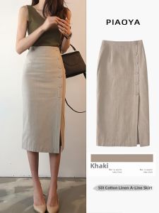 PIAOYA | Chân Váy Bút Chì Cao Waisted Khe Dài Mới Mùa Hè Cotton và Linen