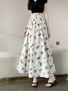FASHLOVER High Waist Skirt Temperament Printed Long Skirt Floral Large Hem Women