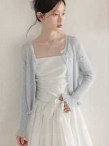 Cantonstory | Blue Bow Wooden Ears Knit Cardigan