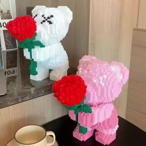 Potdemiel | Cute Cartoon Pink Flower Teddy Bear Building Block Toy Educational Toy for Kids Gifts for Boys and Girls Desktop Decorations