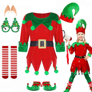 4 Pieces Elf Costume Christmas Festival Apparel for Kids Dress+Hat+Socks+Shoes Covers Boys and Girls New Year Santa Claus Outfit