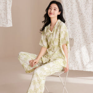 Miiow | Lightweight Short Sleeve Womens Sleepwear Set Cat Person Casual Home Clothes Long Pants Outfit Polyester Fiber Summer Collection