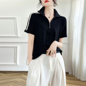 Fashionable Knitted Pure Cotton Polo T-Shirt Womens Summer New Style Half Zip Short Sleeve Loose Base Shirt Korean Style Commute