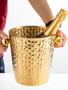 Hand Hammered Gold ถังน้ําแข็งสแตนเลสสําหรับงานปาร์ตี้แชมเปญไวน์ Ice Block ตกแต่ง Barrel ขนาดใหญ่และขนาดเล็ก