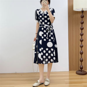 Huiyige Summer Womens Short Sleeve Dress Chiffon Dress K-style Young High Waist Midi Skirt Dot Dress Mother Skirt