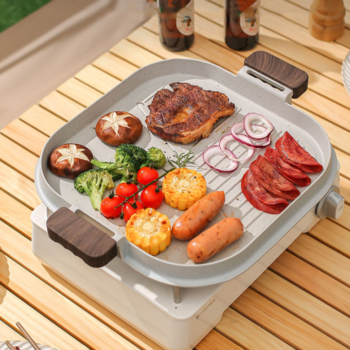 S&S 31cm Deepen Square BBQ Grill Pan Griddle Outdoor BBQ Non-stick Pan with  Anti Scald Handle Partition Grills Induction Cooking Household Roast pan 