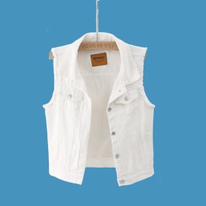 Spring 2025 Womens Pure Color White Denim Vest Short Sleeveless Versatile Jacket Polo Collar Cotton Polyester Blend Outerwear