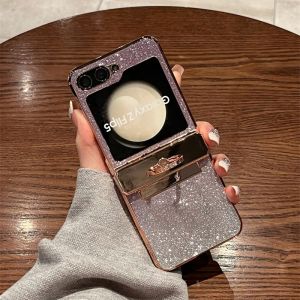 Luxury Glitter Diamond Bracket Case for Samsung Galaxy Z Flip 6 5 4 3 7 8 Ring Holder Stand Gradient Plating Bling Hard Cover