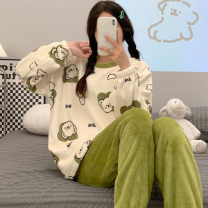 Flannel WARM ชุดนอนชุดสตรี PLUS ขนาดนักเรียนชุดนอนสุภาพสตรีหวาน Breathable ลูกเรือคอชุดนอน Loungewear