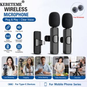 KEBETEME Wireless Lavalier Microphone Noise Reduction Mini Clip-On Lapel Mic Portable Wireless Recording Microphone for Mobile Phone Vlog Live Streaming Interview Video Shooting