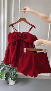 Đầm bí mặc Noel Tết đầm Nhung bí trễ vai có dây tay bồng dáng ngắn đính hoa kèm quần rời