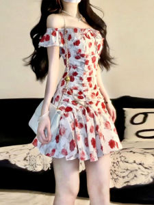 Y6Y | ชุดเดรสแขนกุดลายดอกไม้สไตล์ฝรั่งเศสสำหรับผู้หญิงในช่วงฤดูร้อนปี 2025 ชุดเดรสกระโปรงสั้นเอวสูง ชุดเดรสแขนกุดแบบเกาะอก ชุดเดรสยาวปานกลาง