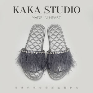 Luxurious Feather Morning Robe Slippers Soft Bottom Indoor Outdoor Wear Spring Summer French Style Satin Home Shoes for Women