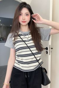 Áo Thun Nữ Tay Ngắn Mùa Hè Phong Cách Hàn Quốc Thêu Họa Tiết Sọc Ôm Vừa Vặn Cổ Tròn Tay Ngắn Chất Liệu Cotton