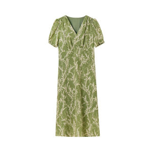 Mo | Elegant V-neck Chiffon Dress Womens Summer Avocado Green Print Slimming High Waist Tea Break Skirt City Commute Casual Daily