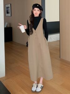 ชุดเดรสยีนส์สไตล์วินเทจฝรั่งเศสสำหรับผู้หญิง ฤดูใบไม้ร่วง/ฤดูหนาว ชุดเดรสแขนยาวคอวี กระโปรงทรงเอ ชุดสองชิ้น