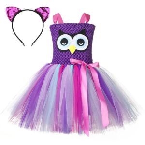 Purple Cartoon Owl Themed Dress for Girls & Toddlers Soft Fluffy Tulle Ballet Tutu Skirt Kids Outfit for Halloween & Stage