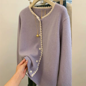 Áo Len Cardigan Dệt Kim Màu Tím Phong Cách Hàn Quốc Áo Len Cardigan Dài Tay Cổ Tròn Dáng Rộng Thường Ngày Mùa Xuân 2025